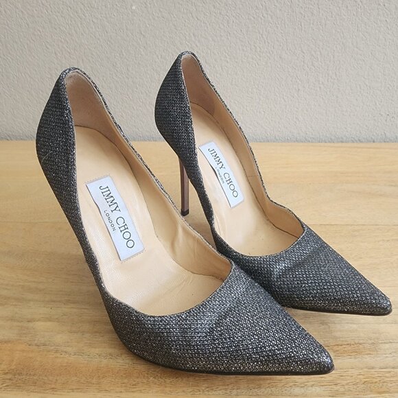 Jimmy Choo Pumps Shoes Womens Size 35.5 Black Silver Glitter Heels Italy Party - Picture 8 of 11